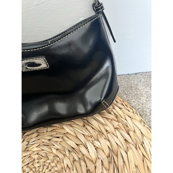 90s Y2K Guess Black Patent Faux Leather Shoulder Mini Handbag Silver Logo - Picture 3 of 6